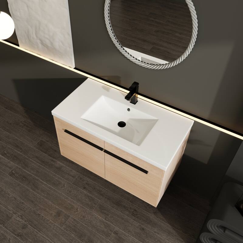 GDFStudio - Levistar Modern Wall-Mounted Bathroom Vanity Set with Scratch-Resistant Resin Sink & Soft Close Doors