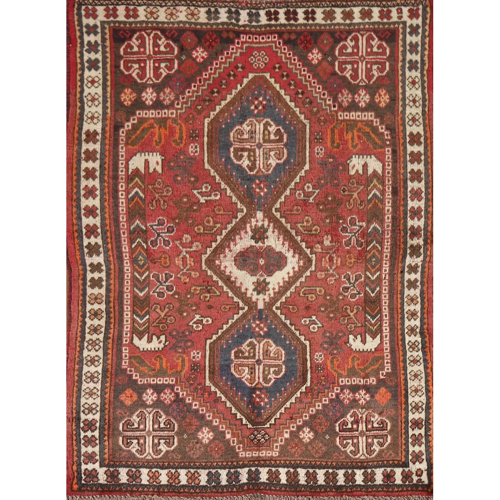 Geometric Qashqai Persian Vintage Area Rug Hand-knotted Wool Carpet - 3'5"x 4'8"