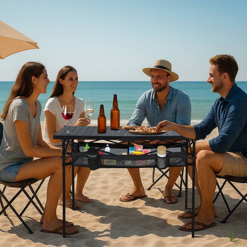 Lightweight Aluminum Camping Table with Roll-Up Top, Mesh Storage, Cup Holders & Carry Bag for Outdoor BBQ, Picnic, Sports