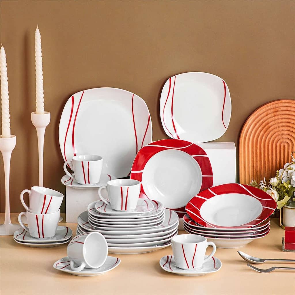 MALACASA Felisa Porcelain Red Stripes Dinnerware Set