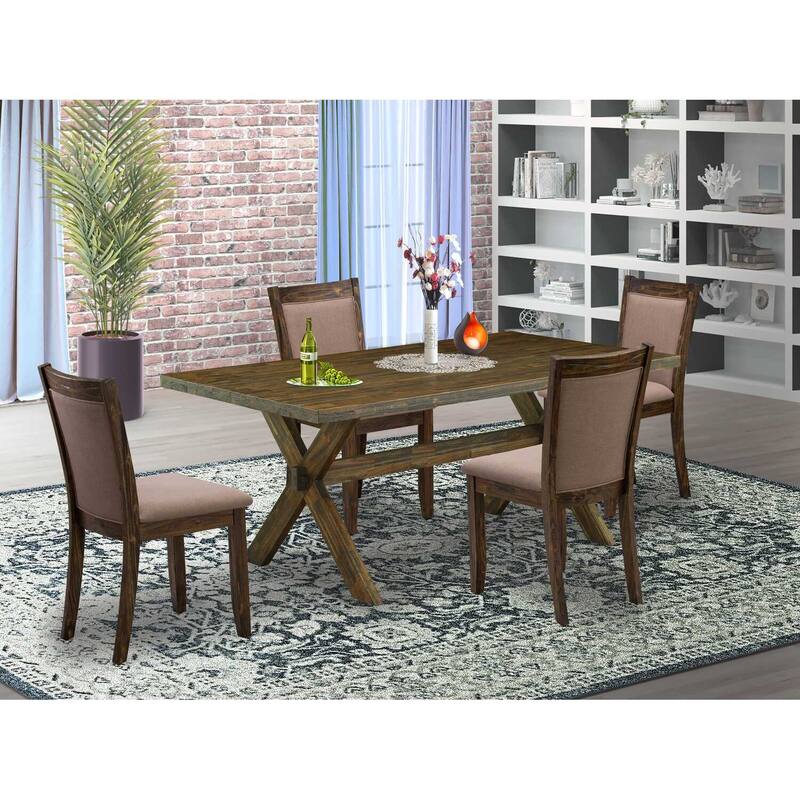 HomeStock 5-Piece Distressed Jacobean Finish Solid Wood Top Dining Table with 4-Parson Chair