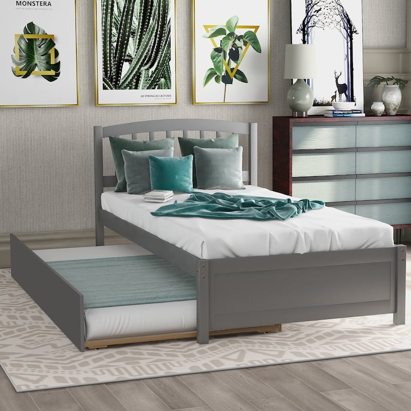 Grey Twin Size Wood Platform Bed with Trundle - Gray