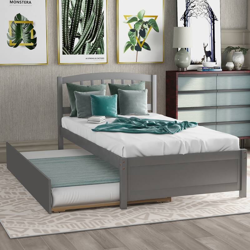 Nestfair Twin Size Platform Bed Wood Bed Frame with Trundle - Grey