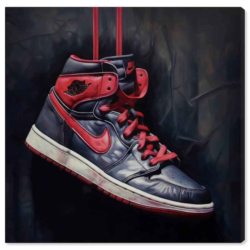 Notoriart Black And Red Hanging Sneaker Gallery Wrapped Sneaker 1 Piece Canvas Wall Art - 16 x 16