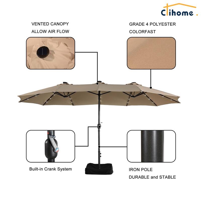Clihome 15FT Double-Sided Solar Light Market Crank Umbrella with Base