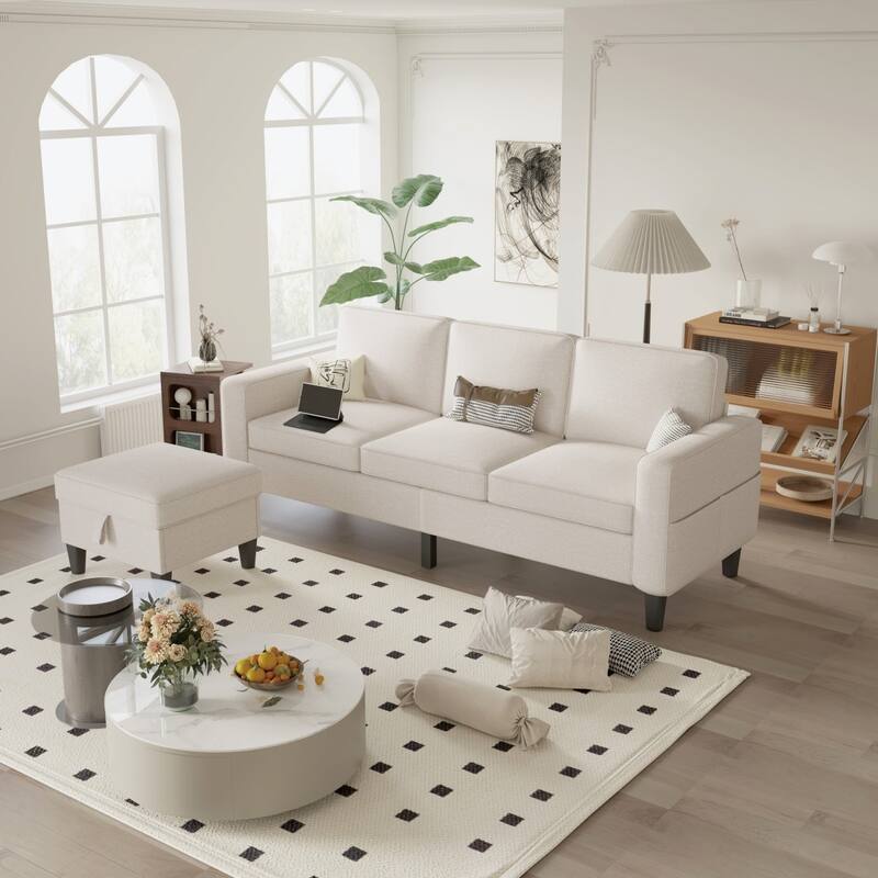 77.95" Linen Fabric Sectional Sofa with Storage Ottoman and USB Pocket - Beige - Reversible