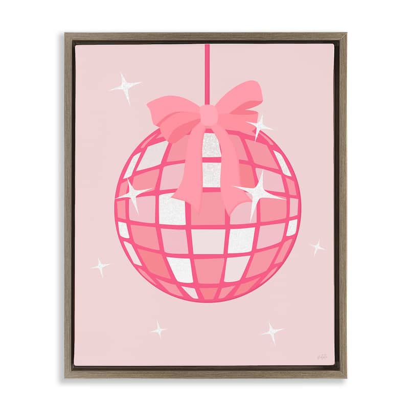 Stupell Pink Disco Ball with Ribbon Framed Floater Canvas Wall Art Design By Natalie Carpentieri - 17 x 21 - Brown