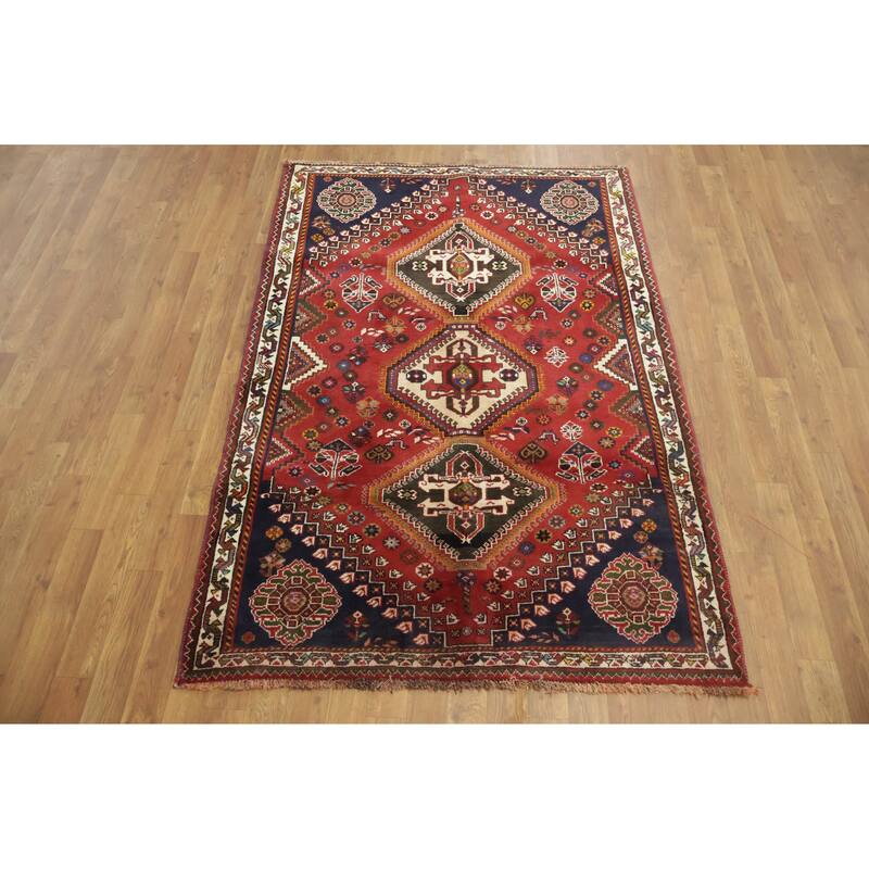 Hand Knotted Oriental 100% Wool Carpet Traditional Tribal Red Shiraz Area Rug - 6' 0'' X 4' 1''