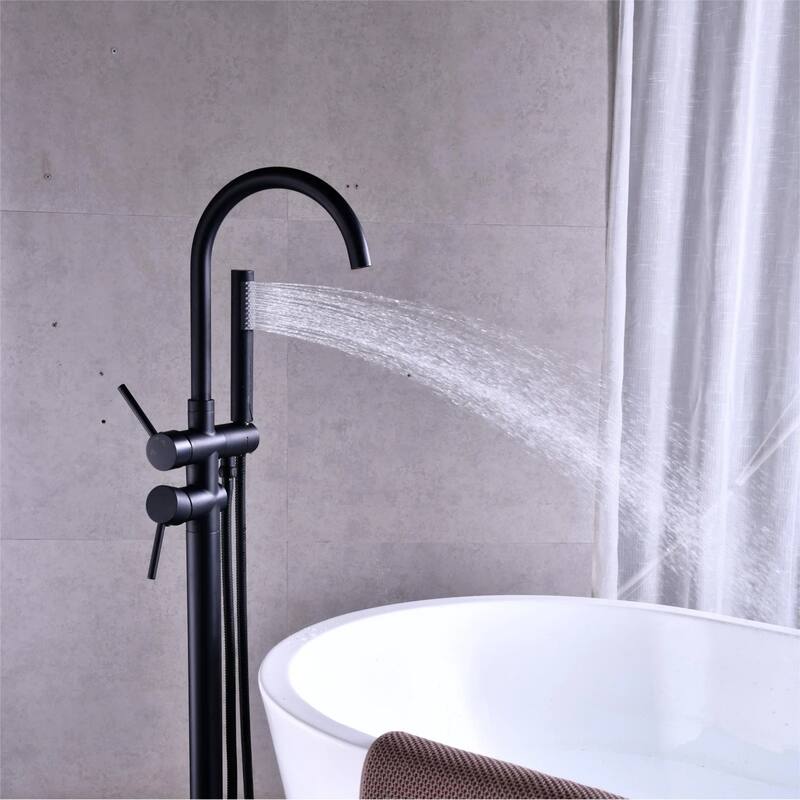 KISRAIS Double Handle Floor Mounted Freestanding Tub Filler Faucet with Handshower