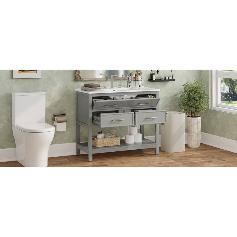 Bathroom Vanity with Sink, Multi-Functional Wood Bathroom Cabinet, Vanities Set with Open Shelf, Tip-Out Tray & 2 Drawers
