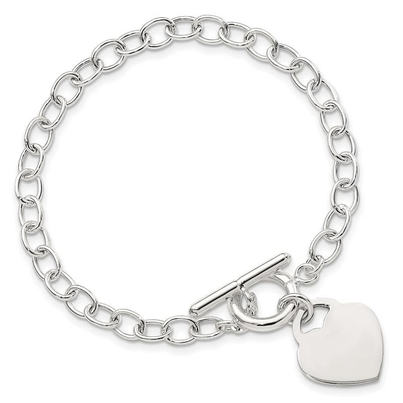 Curata 925 Sterling Silver 7.5" or 8.5" Polished Engravable Heart Tag Oval Link Toggle Bracelet