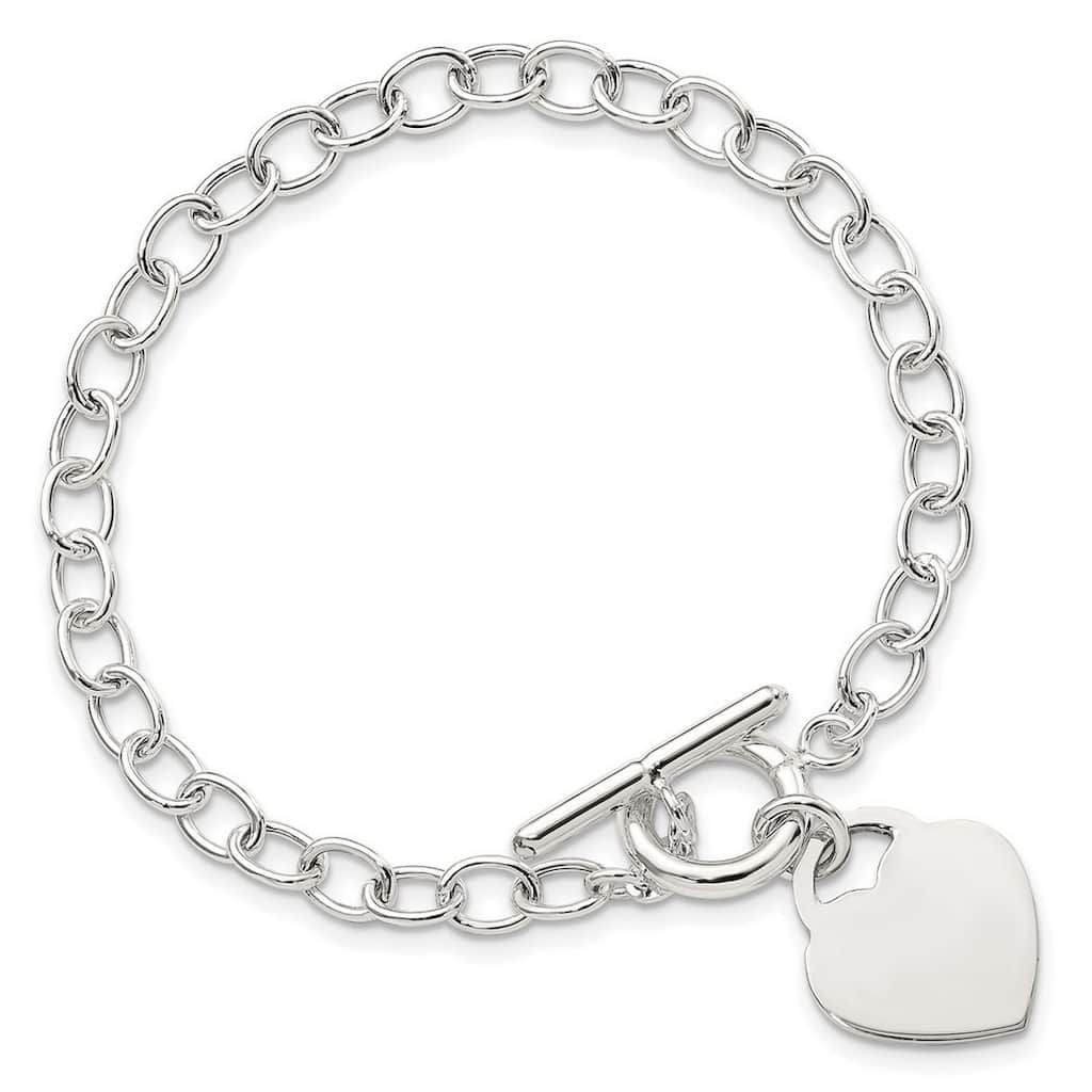 Curata 925 Sterling Silver 7.5" or 8.5" Polished Engravable Heart Tag Oval Link Toggle Bracelet