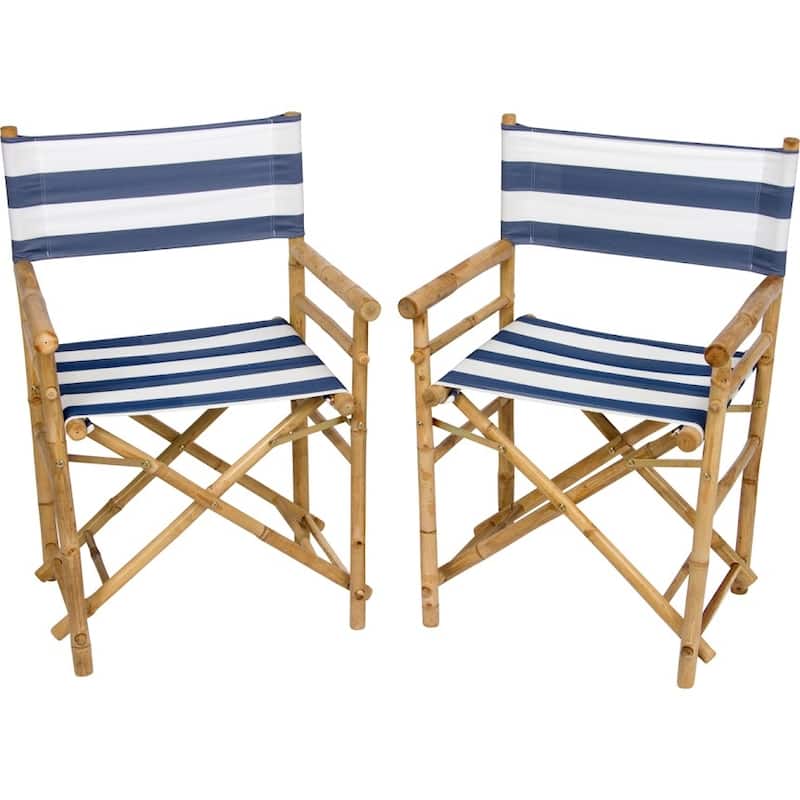 Patio Indoor Outdoor Folding Bamboo Director Chair Set of 2 - blue & white stripes