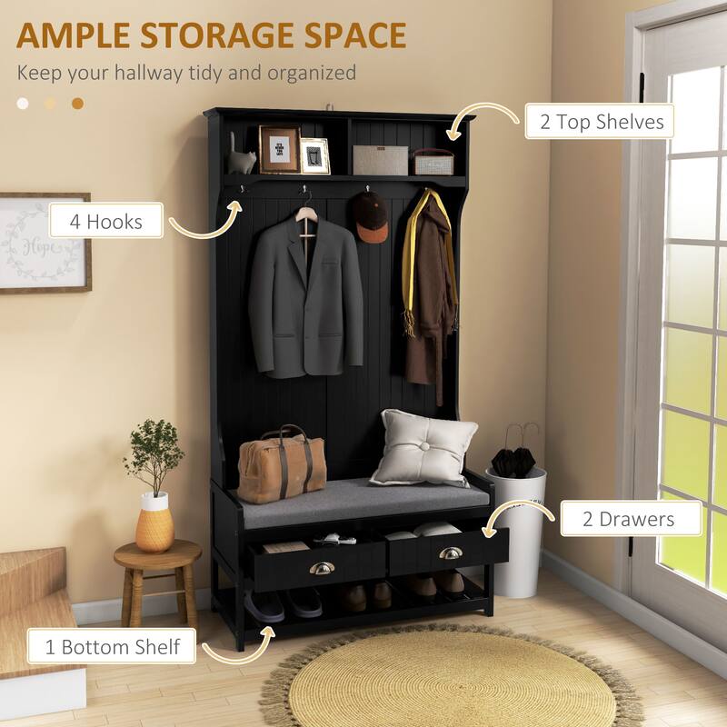 3-in-1 Coat Rack with Shoe Rack, 2 Drawers, 4 Hooks and Seat Cushions
