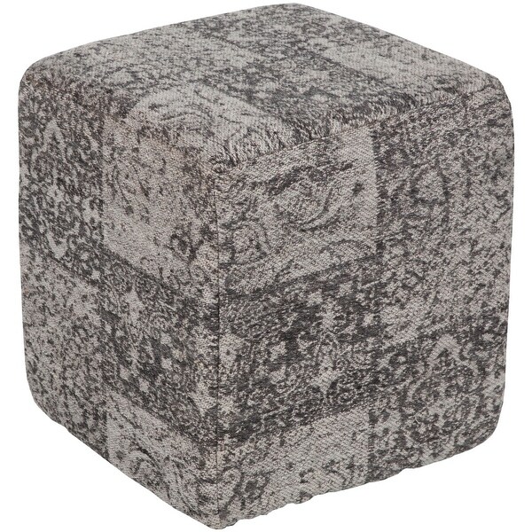 16" Gray and Black Traditional Style Jacquard Cubic Pouf Ottoman - N/A