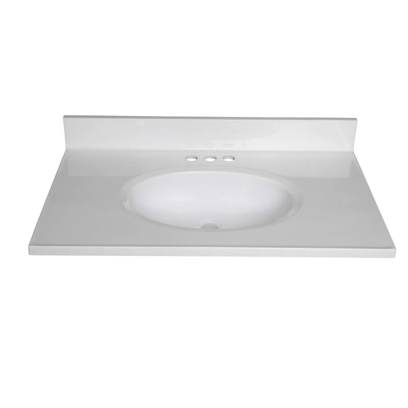 Fine Fixtures White Cultured Marble Top With Integrated Sink, 4" Backsplash and Overflow Included.