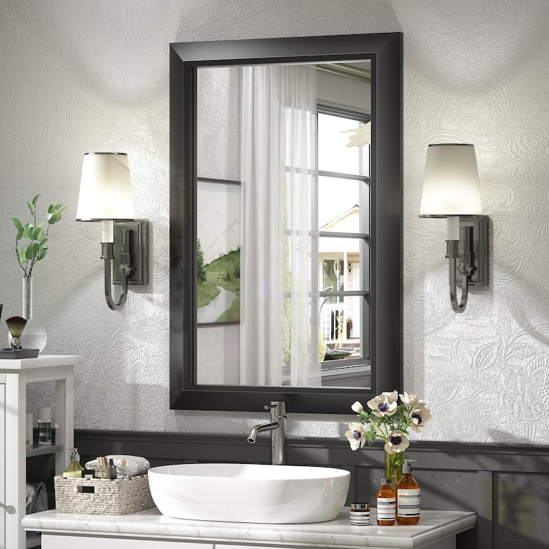 Beveled Metal Rectangle Framed Bathroom Vanity Tempered Glass Mirrors - 36" x 24" - Black