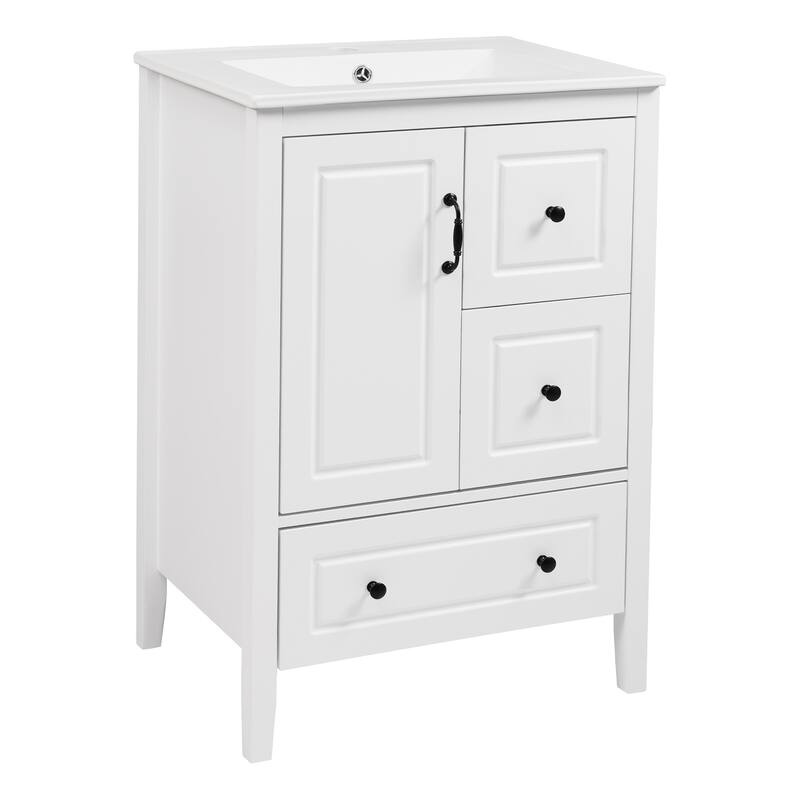 24 inch Bathroom Vanity with Sink, One Cabinet with Soft-closing Door, 3 Soft-closing Drawers, Retro Metal Handles