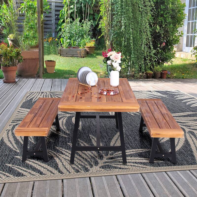 MAISON ARTS Sophia & William 3-Piece Patio Wooden Dining Set, 1 Wooden Table and 2 Wooden Benches