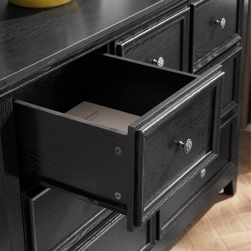 Modern Farmhouse Dresser Chest Drawers Cabinet with 7 Drawers Metal Slides Metal Handles, for Bedroom Living Room Hallway, Black