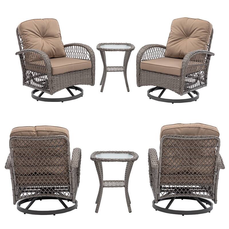 3 Pieces Outdoor Swivel Rocker Chairs, 360 Degree, Thickened Cushions & Glass Coffee Table