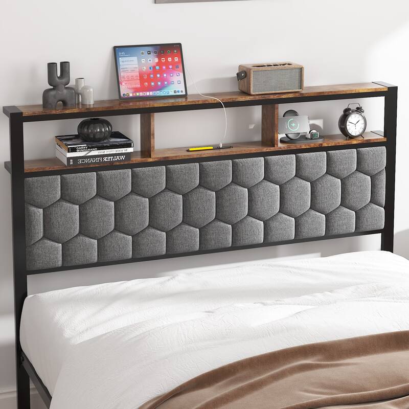 Roomfitters Wood Platform Bed Frame with Upholstered Headboard, Charging Station, No Box Spring Needed, Brown