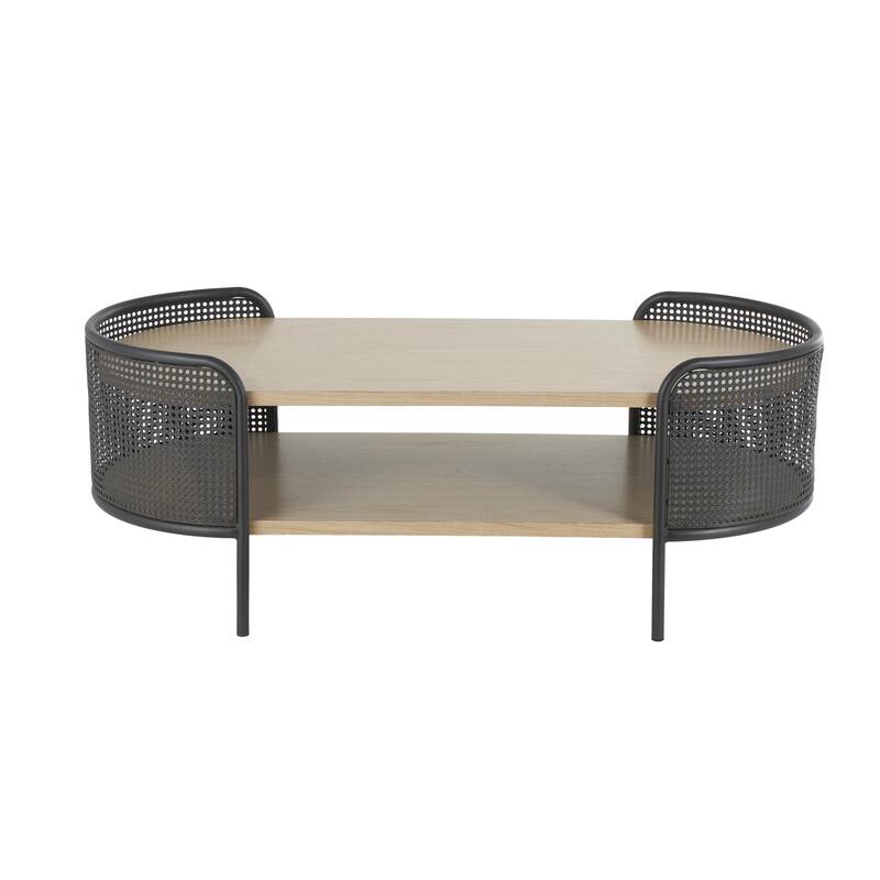 Light Brown Wooden Oval Two-Toned 1 Shelf Living Room Coffee Table with Mesh Side Panels and Brown Wood Tabletop