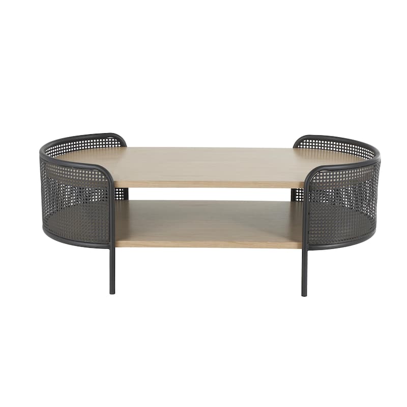 Wooden Oval Two-Toned Coffee Table with Mesh Side Panels and Brown Wood Tabletop - Light Brown - Roche River Decor