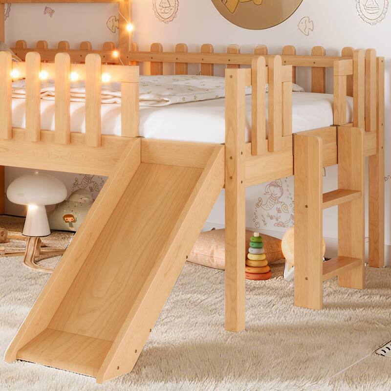 House Loft Bed with Slide and LED Lights, Kids Playhouse Bed with Star & Moon Cutout Roof and Window, Low Loft Bed