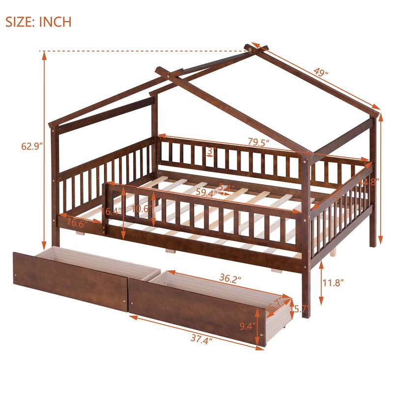 Wooden Twin/Full House Bed with Drawers, Imaginative Play Design, and Storage for Kids, Available in Multiple Colors