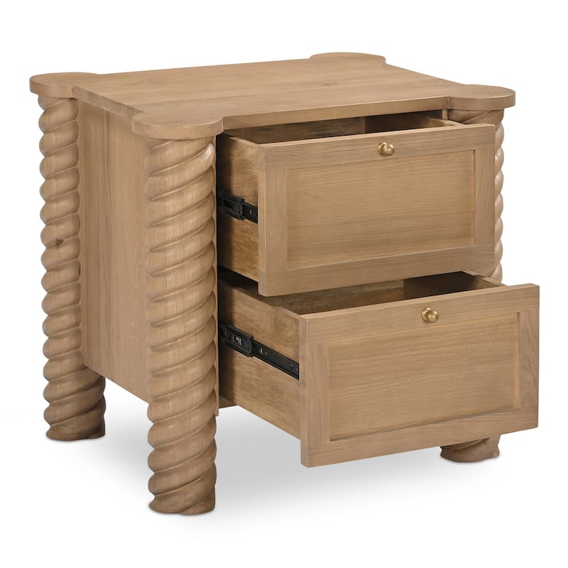 NADAAL STUDIOS Calvert Treccia Nightstand, Solid Oak with Oak Veneer Panels, 2 Drawers, Turned Legs, Natural Finish
