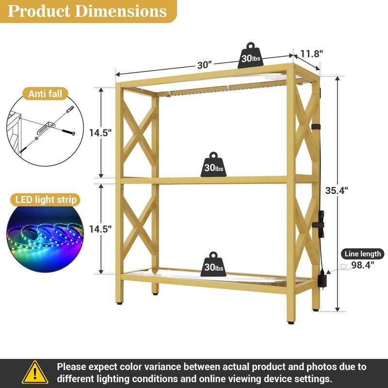 Modern Gold Bookshelf with Tempered Glass Shelves, 3-5 Tires Display Storage Shelving