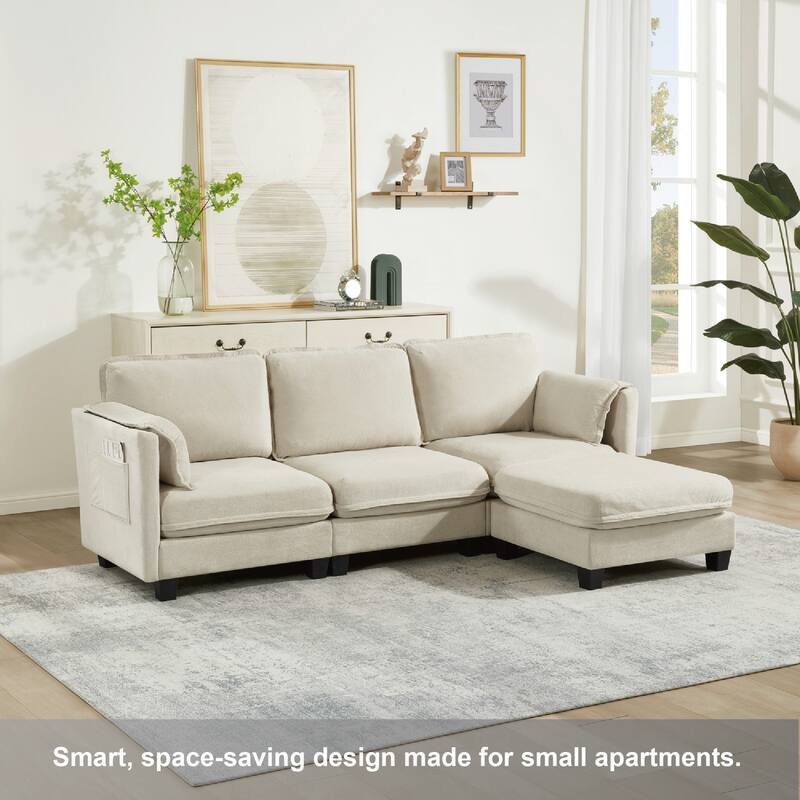 93.5" L-Shaped Cotton-linen Brushed Fabric Sectional Sofa with Ottoman