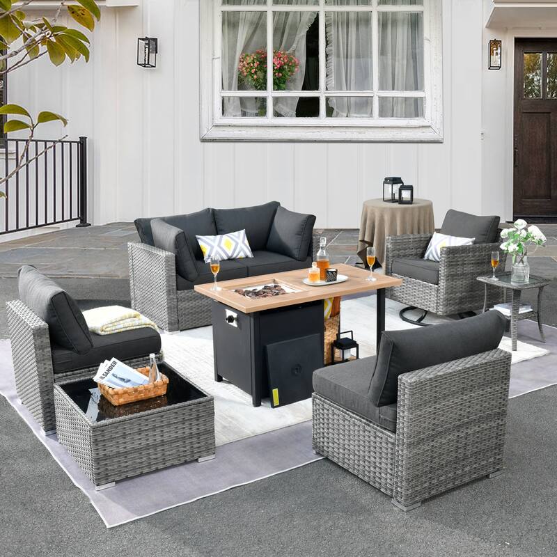 HOOOWOOO 8-piece Grey Wicker Outdoor Patio Furniture Sectional Set with Fire Pit
