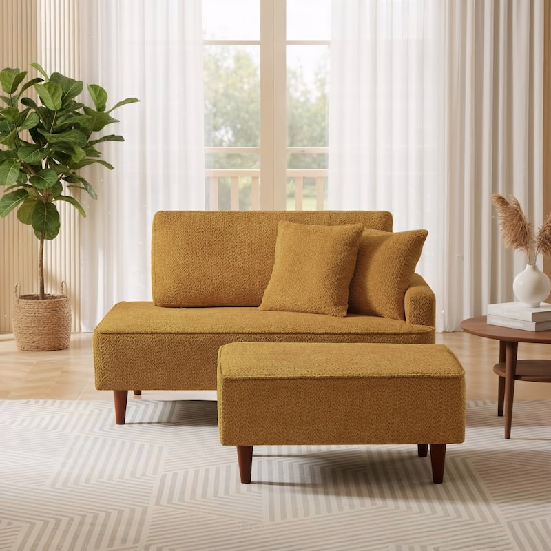 Indoor Chaise Lounge Chair with Ottoman Boucle Upholstered Chaise 2 Throw Pillows Included for Living Room Bedroom - Orange