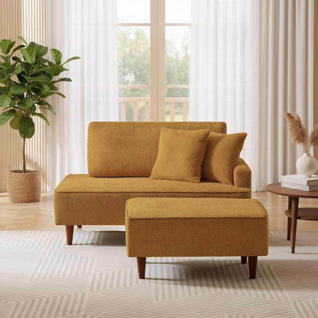 Indoor Chaise Lounge Chair with Ottoman Boucle Upholstered Chaise 2 Throw Pillows Included for Living Room Bedroom