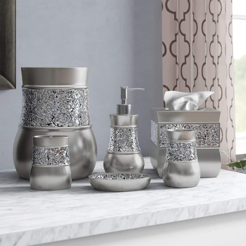 Creative Scents Crackled Glass Silver Bathroom Accessories Set of 6 - 6 Piece