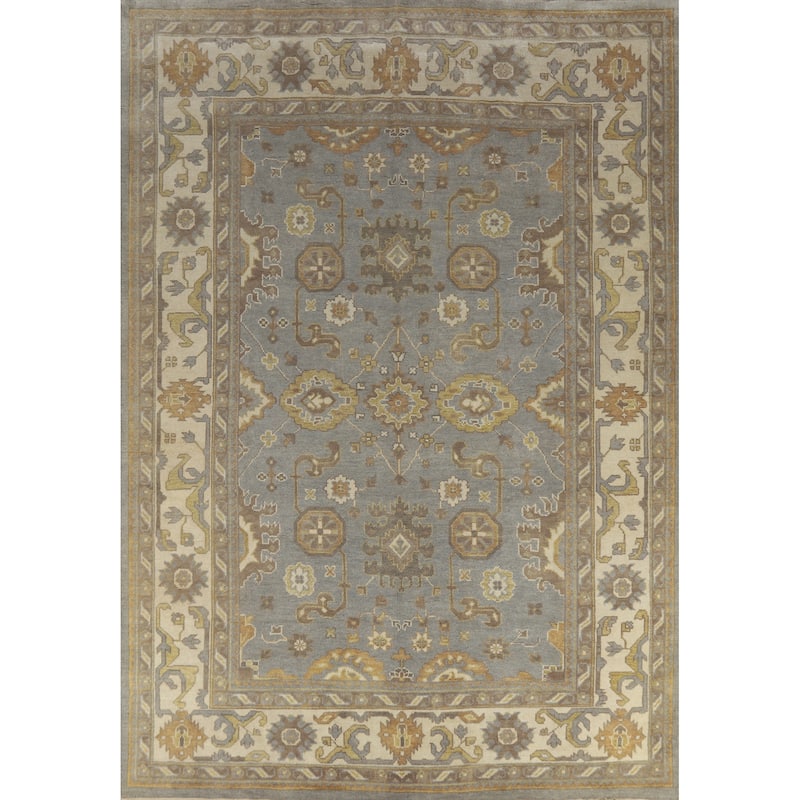 Light Blue & Ivory Oushak Indian Area Rug Handmade Wool Carpet - 9'1" x 11'11"