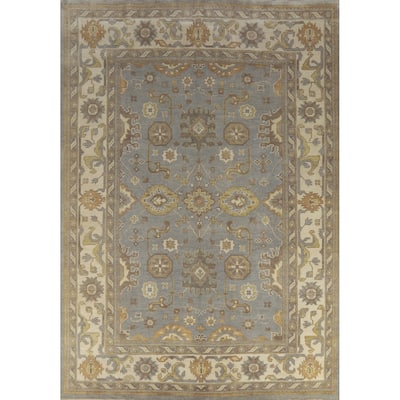 Light Blue & Ivory Oushak Indian Area Rug Handmade Wool Carpet - 9'1" x 11'11"