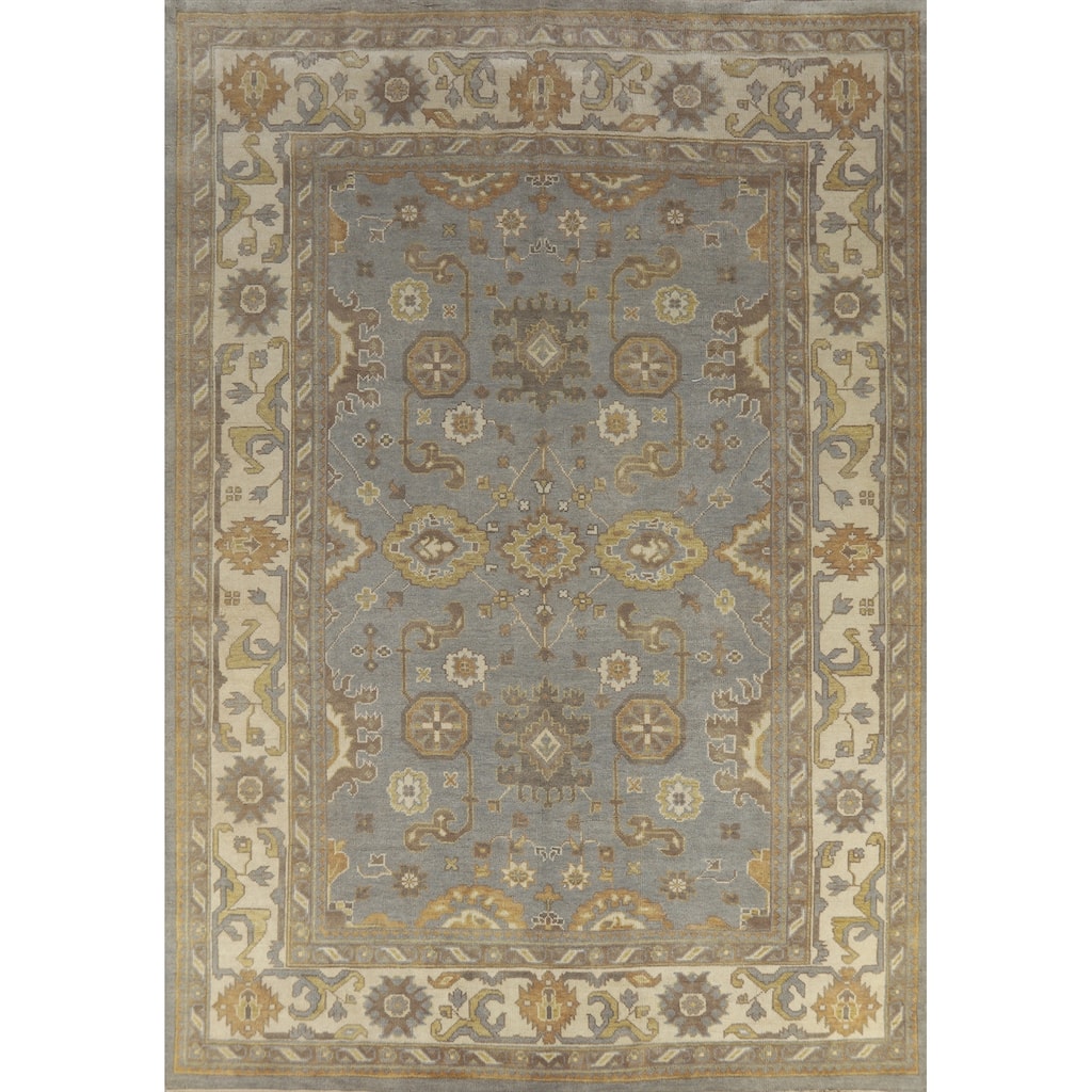 Light Blue & Ivory Oushak Indian Area Rug Handmade Wool Carpet - 9'1" x 11'11"