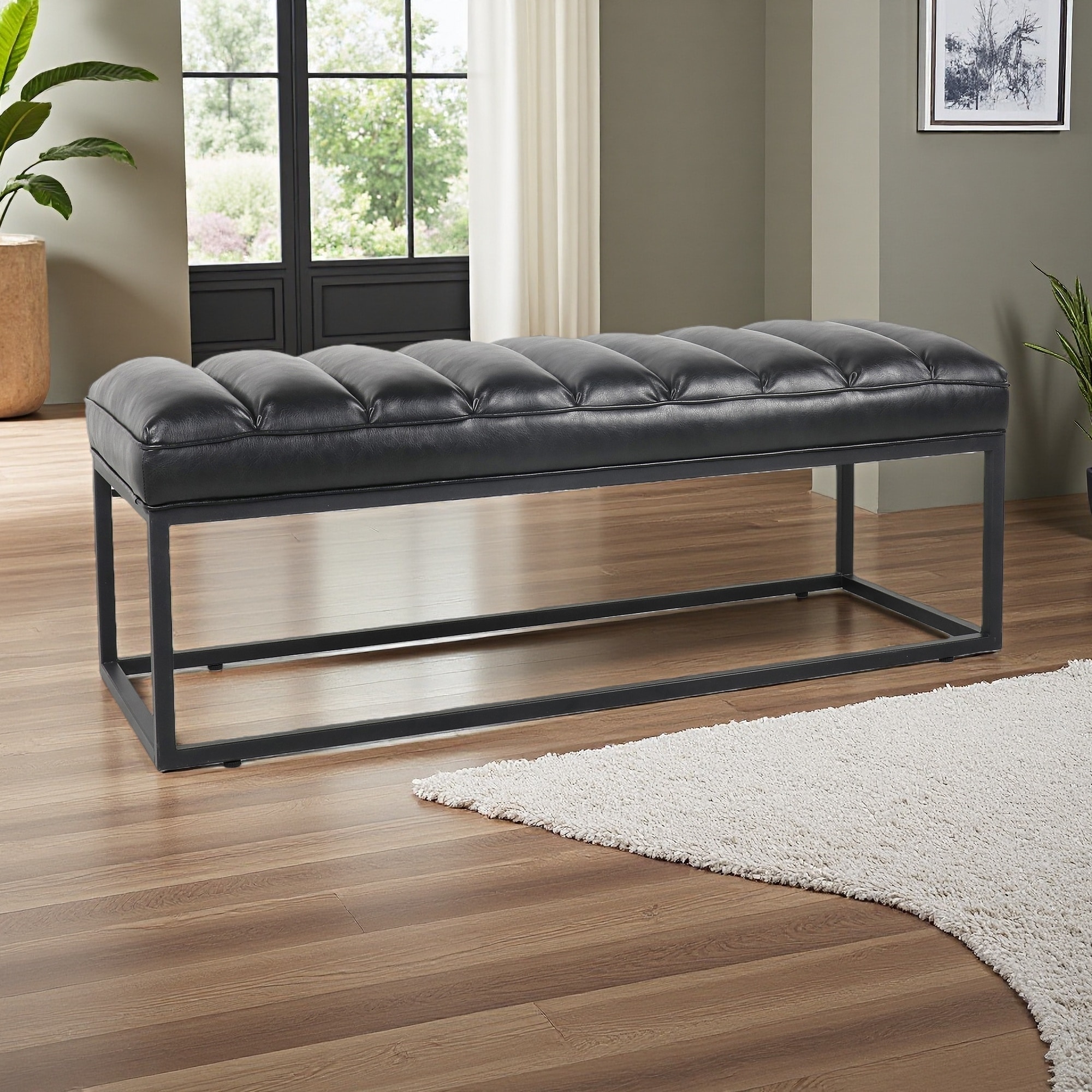 53.54"L Metal Base Upholstered Bench with High-Quality Sponge Cushion for Bedroom, Available in Cashmere, Flannel, or PU Fabrics