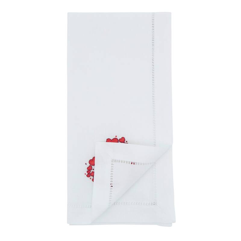 Embroidered Heart Wreath Cotton Napkins (Set of 6) - Scattered Heart Circle Motif with Hemstitch Border, 20"x20"