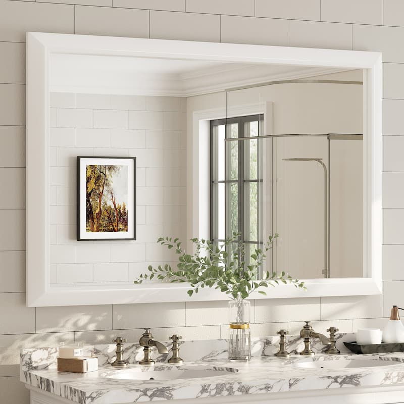Beveled Metal Rectangle Framed Bathroom Vanity Tempered Glass Mirrors - 55" x 36" - White