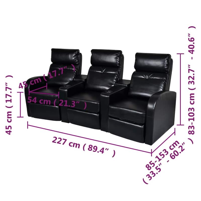 vidaXL 3-Seater Home Theater Recliner Sofa Black Faux Leather - 89.4" x 33.5" x 40.6"
