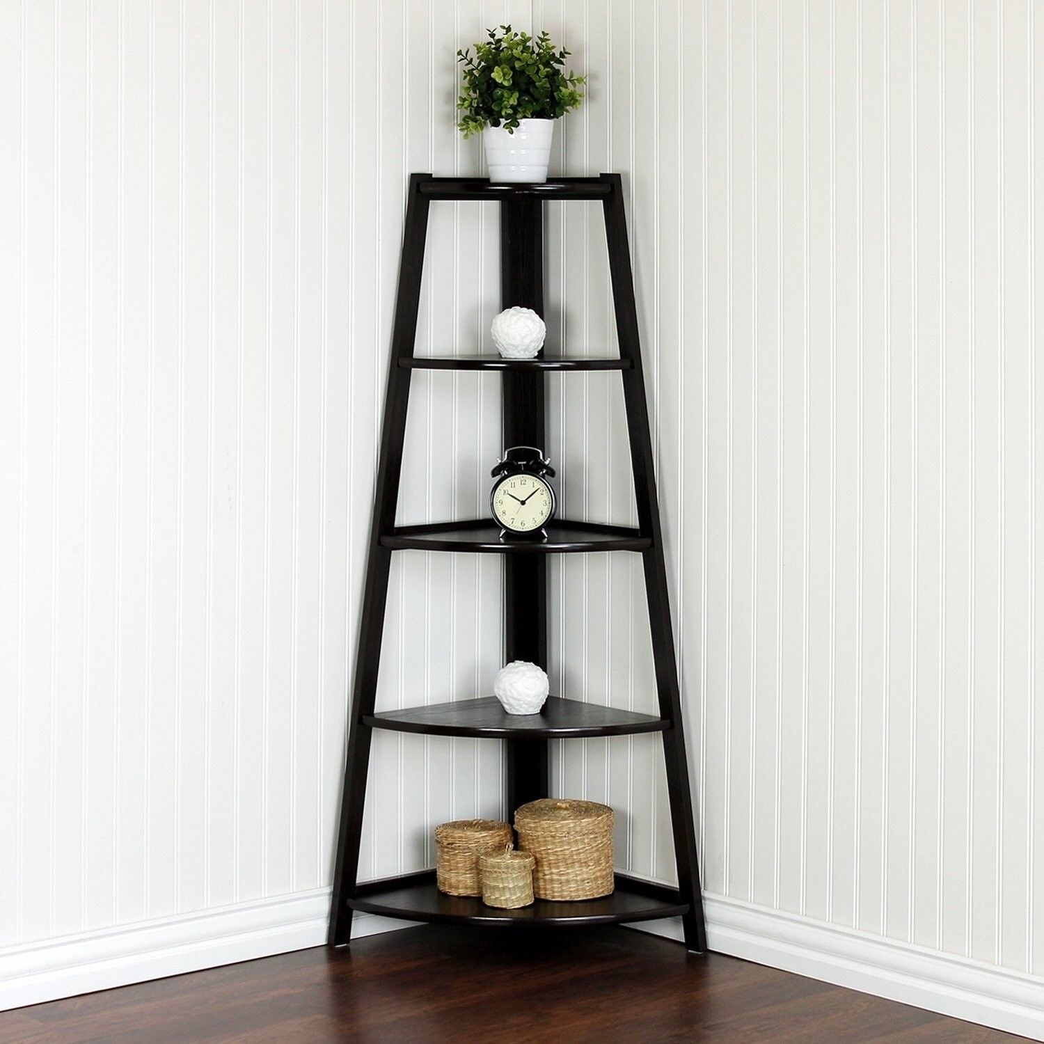 5 Tier Shelves Wood Corner Shelf Display Rack Stand Furniture Storage Home Black 