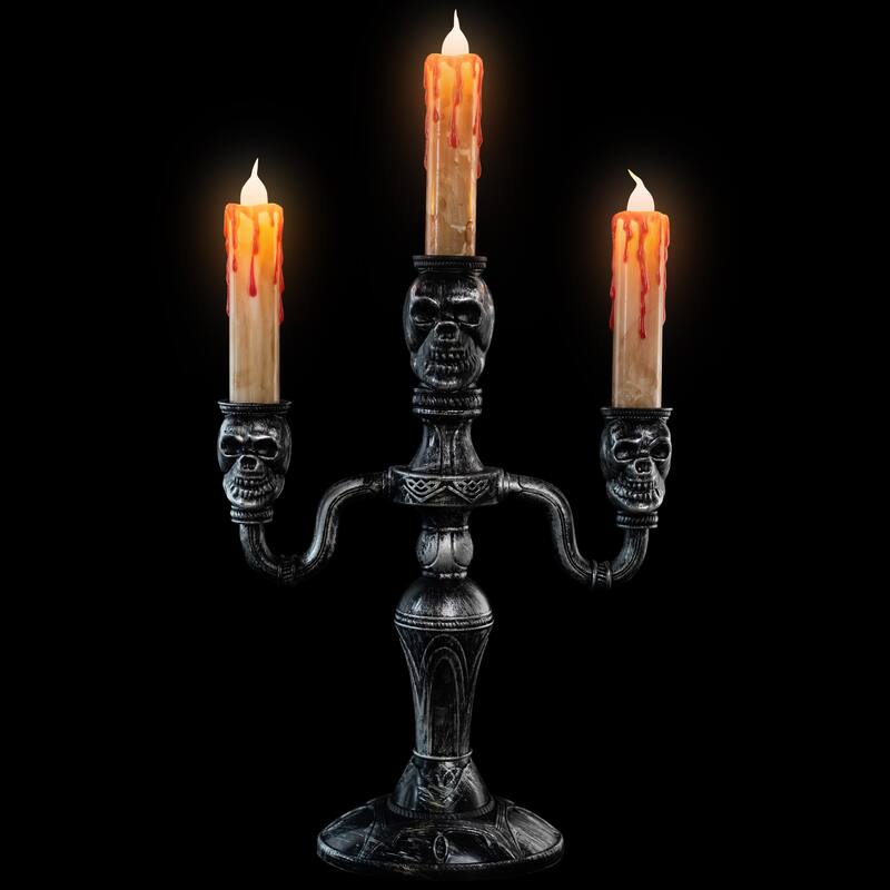 Antique-Style Skull Trio Flickering Halloween Candelabra - 13.75" - Amber Lights