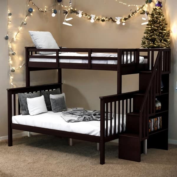 slide 2 of 15, Stairway Twin-over-Full Bunk Bed with Storage and Guard Rail,Space-Efficient Multifunctional Bunk Bed with Storage Espresso