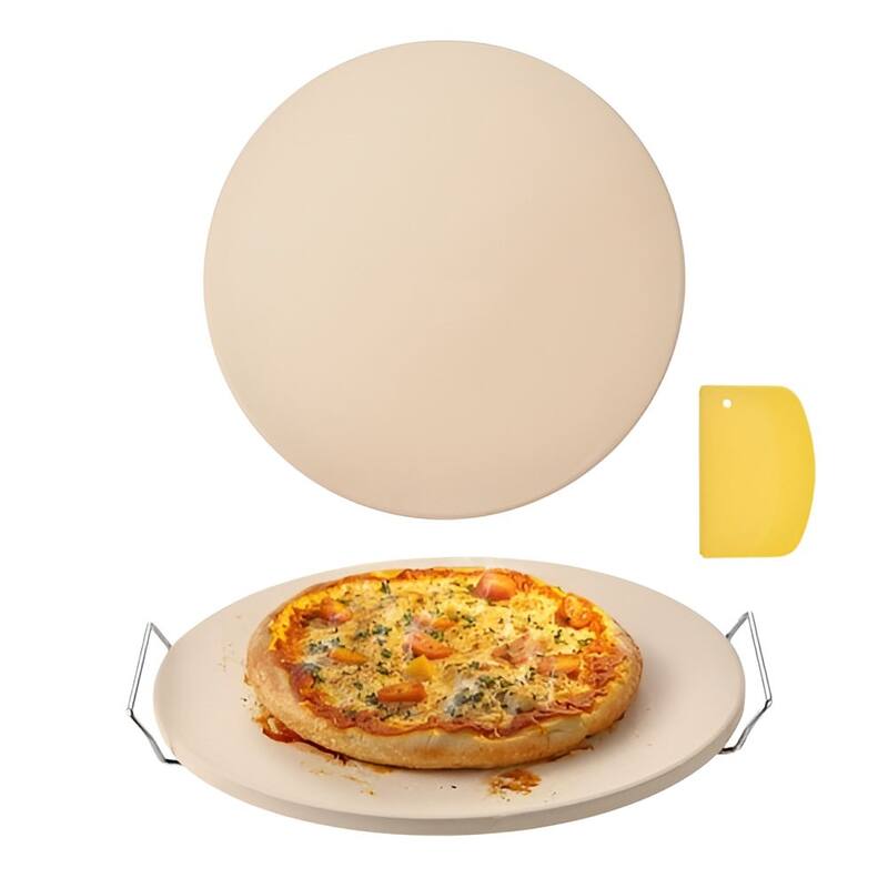 Beige Cordierite 16-Inch Round Pizza Stone with Heat-Resistant Design and Accessories - 16 x 16 x 0.67 in