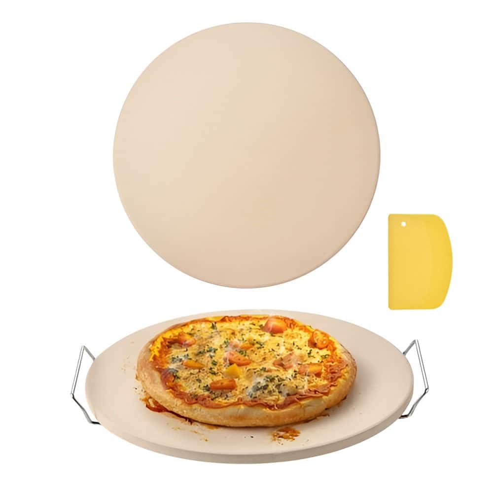 Beige Cordierite 16-Inch Round Pizza Stone with Heat-Resistant Design and Accessories - 16 x 16 x 0.67 in