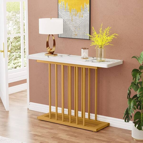 Modern White Console Table Behind Couch, Faux Marble Foyer Table - Bed ...